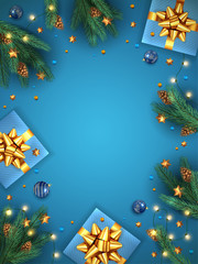 Wall Mural - Christmas Gift Boxes with Fir Branches and Golden Stars on Blue Background