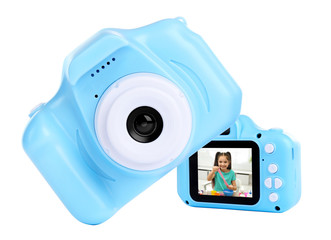 Poster - Blue toy cameras on white background in collage, one with photo of cute little girl making slime