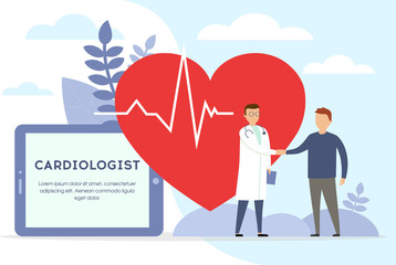 Wall Mural - Cardiologist concept. Doctor and patient are speaking. Doctor with stethoscope on the big heart background. Professional medic analyzing cardiovascular measurement results. Vector illustration