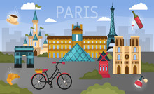 Panorama Of Top World Famous Landmark Of Paris, France For Travel Poster And Postcard. Flat Style. Vector Illustration