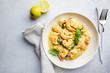 © petrrgoskov - Shrimps in cream sauce with Coconut milk on a plate, top view or view from above, flat lay