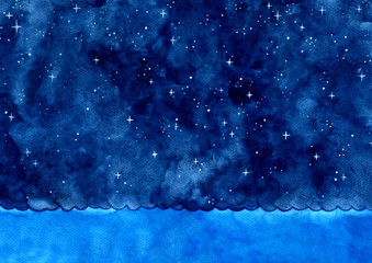 ocean wave and night sky among the star watercolor hand painting background