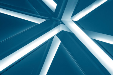 Poster - Lamps on dropped ceilings. Computer graphics of abstract modern architecture of an office building interior resembling glowing girders. Technological background with angular geometric structure.
