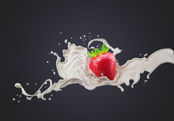 Strawberry and milk or fruit yogurt splash cream, include Clipping path, 3d rendering