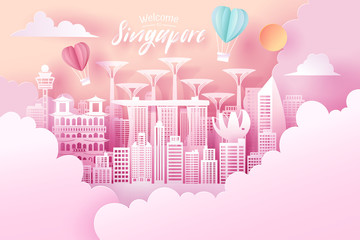 paper cut of singapore landmark, travel and tourism concept.
