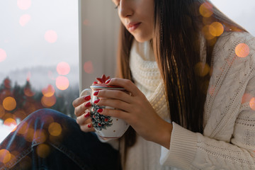 Wall Mural - woman sitting at window in winter christmas house