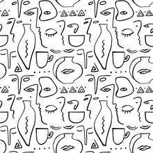 Vector Seamless Pattern. Line Art Expressive Print With Human Faces.