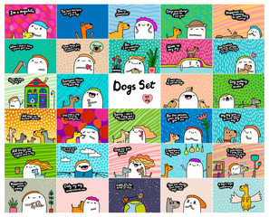 Poster - Dog set hand drawn vector illustrations in cartoon comic style people doing activities with pets