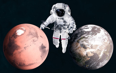 Wall Mural - mars and earth on background of astronaut. solar system. 3d render. science fiction. elements of thi