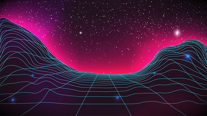 Wall Mural - synthwave horizon background. virtual 3d landscape with glow. perspective grid with starry sky. 80s 