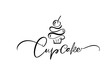 Cupcake vector calligraphic text with logo. Sweet cupcake with cream, vintage dessert emblem template design element. Candy bar birthday or wedding invitation