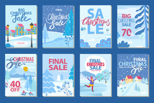 Collection Of Final Sale Promotional Posters. Figure Skating Kid On Ice Rink. Cityscape With Buildings And Calligraphic Inscription. Discounts Announcement. Big Promo For Customers, Vector In Flat