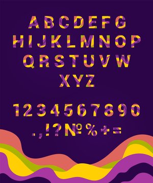 Hand drawn font with latin letters and numbers. Various comic letters and punctuation to study at school. Stylish lettering for typography. Colorful cartoon font vector