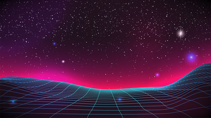 Wall Mural - synthwave horizon background. virtual 3d landscape with glow. perspective grid with starry sky. 80s 