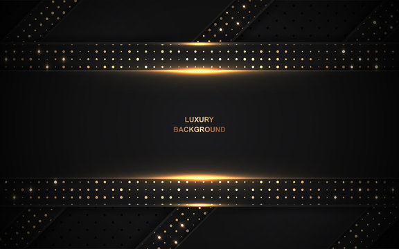 Luxury black paper shapes overlapping background a combination with golden light and dots glitters element decoration. Modern and elegant vector design for use element cover, banner, card, advertising