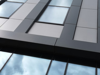 Poster - Windows with sky reflection. Close-up of generic elements of modern office architecture with linear pattern of parallel lines. Fragment of industrial building exterior with steel wall panels.