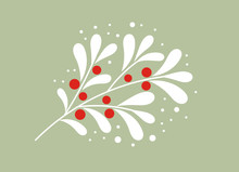 Christmas White Mistletoe Branch With Red Berries.