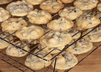 Homemade chocolate chip cashew nut cookies are cooling on a two layer wire rack on a brown wood grained tabletop.