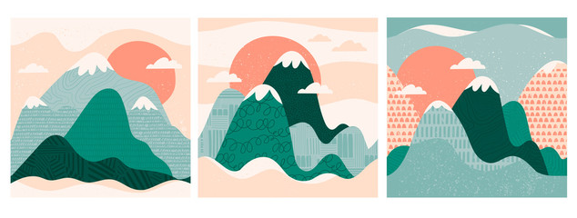 Wall Mural - Mountain view. Mountains, hills, clouds, sun. Paper cut style. Flat abstract design. Scandinavian style illustration. Stamp texture. Set of three hand drawn trendy vector seamless patterns