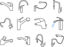 Set Of Vector Water Tap Or Faucet Icons.  Water Tap For Sink. Vector Illustration