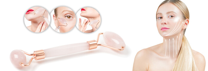 Face lift anti-aging treatment with jade roller. Woman with perfect skin of her face after massage.