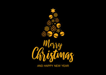 Abstract golden christmas tree on a black background vector. Gold graphic Christmas tree. Merry Christmas and Happy New Year Sign vector. Stylized golden luxury Christmas tree with golden bauble icon