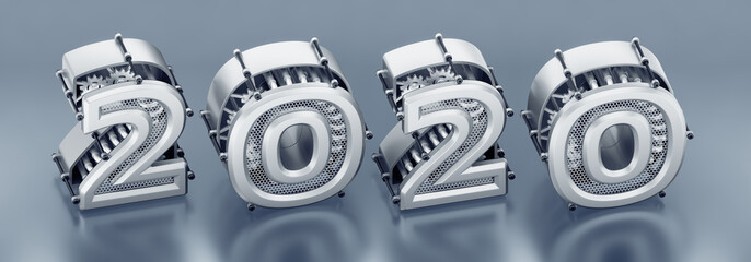 Aufkleber - The New Technological Year of 2020. Designed in techno-style a raw of digits composed into the number of 2020 on reflective floor/background. 3D rendering graphics in isometric projection.