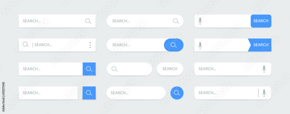 Search bar design web UI elements. Vector template for browsers with search button and text field. Set of mobile application graphic elements, computer searched navigator - obrazy, fototapety, plakaty 