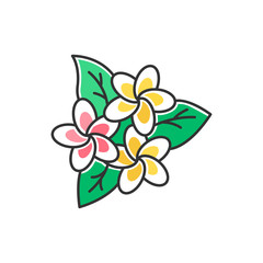 Sticker - Plumeria inflorescence color icon. Exotic region flowers. Flora of Indonesian jungles. Small tropical plants. Blossom of frangipani with leaves. Nature of Bali. Isolated vector illustration