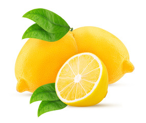 Two fresh lemon one cut in half, with leaf