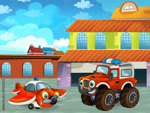 Cartoon Scene With Car Vehicle On The Road Near The Garage Or Repair Station With Plane Illustration For Children Stock Illustration Adobe Stock