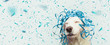 Leinwandbild Motiv Banner happy dog present for new year, carnival,  christmas, birthday or anniversary, wearing a blue serpentines on head. isolated against gray background with confetti falling.
