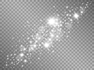 Poster - Silver lights on transparent background. Sparkling stardust with glowing stars. Magic light template with silver dust. White bright effect with particles. Vector illustration