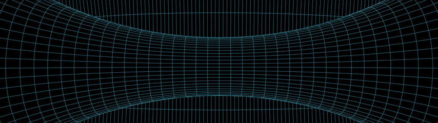 Poster - Vortex. Vector perspective curved grid. Wireframe abstract tunnel. 3D vector wormhole with a mesh structure.