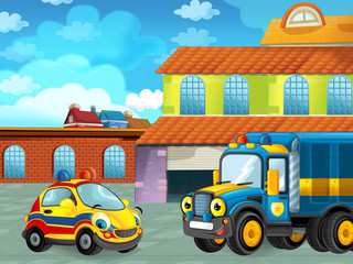 Wall Mural - cartoon scene with car vehicle on the road near the garage or repair station - illustration for children