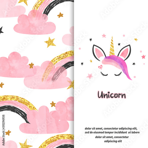 Cute cartoon unicorn vector illustration and seamless rainbow pattern. Magic ...