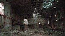 Moving Inside Ruined And Abandoned Large Creepy Industrial Factory Warehouse Hangar