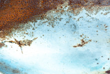 Old Grunge Vintage Background: Rusty Metal Surface With Blue Paint Flaking And Cracking Texture