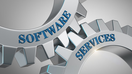 Wall Mural - Software services concept. Words software services written on gear wheels.