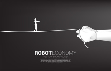 Poster - silhouette of businessman walk rope in robot hand. Concept of Business challenge and career path.