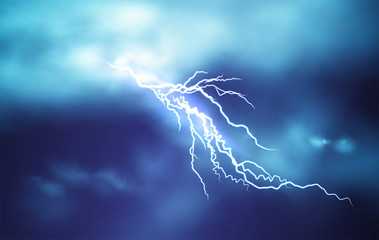 Wall Mural - Realistic Lightning effect isolated on a dark blue cloudy sky background. Vector illustration