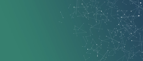 Abstract scientific primitive structures background with empty space. Polygonal chaotic structure, conection, chemistry, lines and dots, web visualization