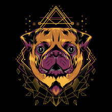 Cute Pug Dog Mandala Geometry Vector Illustration On Black Background For T-shirt, Sticker, Poster. Animal Tattoo Style