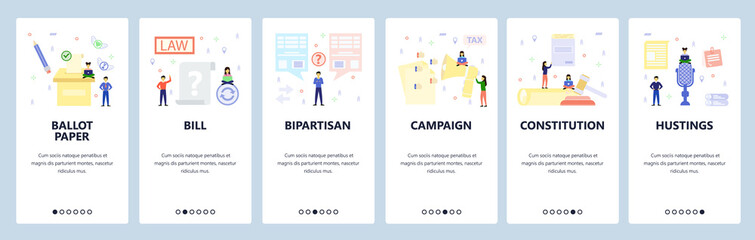 Poster - mobile app onboarding screens. law and court hammer, marketing campaign, ballot, election. menu vect