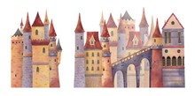 Set Of Medieval Castles With Towers And Bridge. Hand Drawn Illustration.