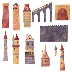 Wall Mural - Set of medieval towers, castles, bridge and walls. Hand drawn illustration.