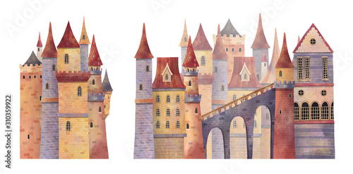 Set of medieval castles with towers and bridge Tableau sur Toile