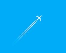 The White Plane Flies Against The Blue Sky, Leaving A White Trail. Vector