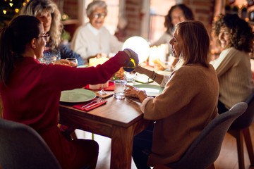 Wall Mural - Beautiful group of women smiling happy and confident. Eating roasted turkey and serving wine celebrating christmas at home