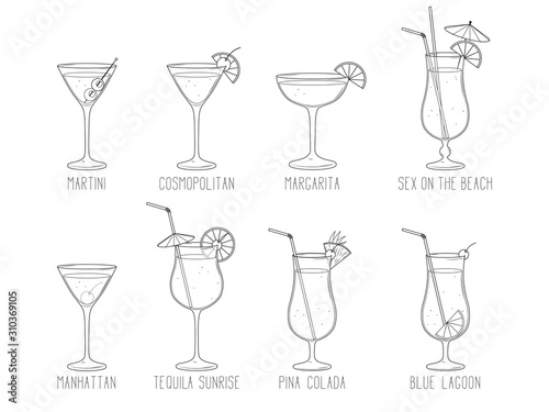 Cuadros en Lienzo Alcoholic cocktail collection - blue lagoon, manhattan, martini, tequila sunrise, pina colada, margarita, sex on the beach, cosmopolitan isolated on white background